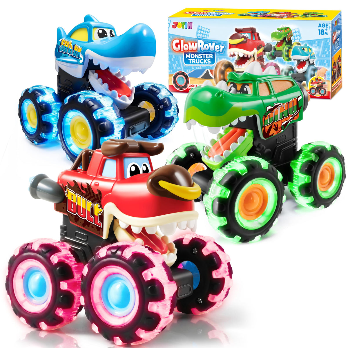 JOYIN 3 Pack Monster Truck Toy - Motion Activated Light Up Cars for Kids